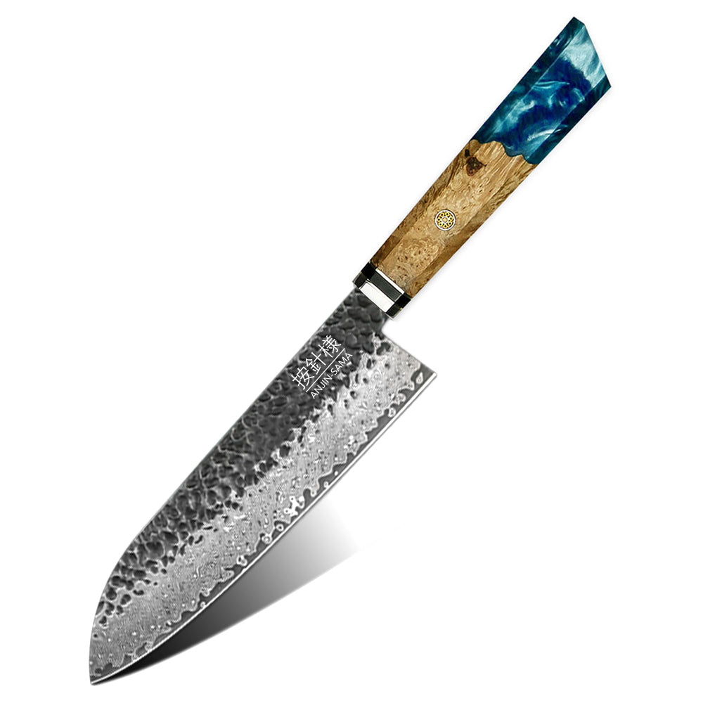 ANJIN-SAMA Santoku Chef Knife - Kurouchi Hammered Damascus