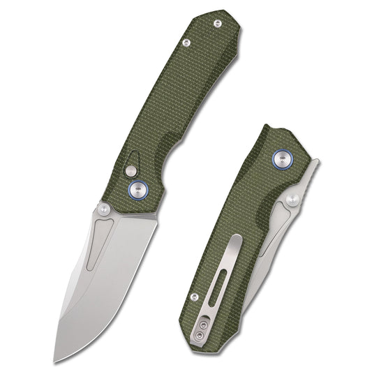 REMETTE MC319 Button Lock Folding Pocket Knife - Stone Washed 14C28N Steel with Micarta Handle