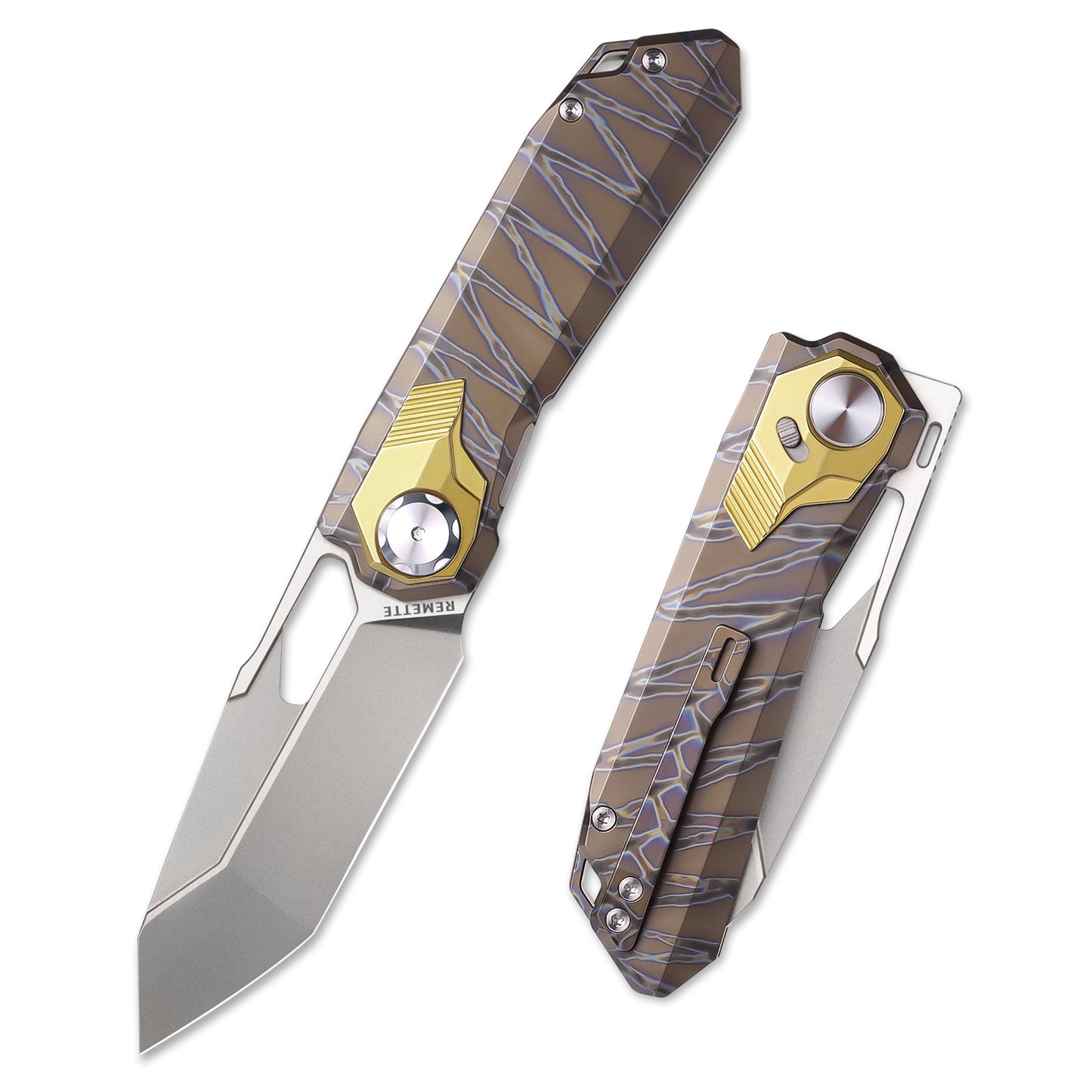 REMETTE RT-Peregrine Falcon Folding Knife - M390 Reverse Tanto with Anodized Titanium Lightning Streak Handle