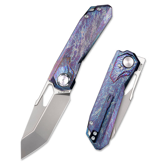 REMETTE RT-Peregrine Falcon Knife - Innovative Button Lock Structure - Handmade M390 Blade and Titanium Handle - Blue Thunder Titanium