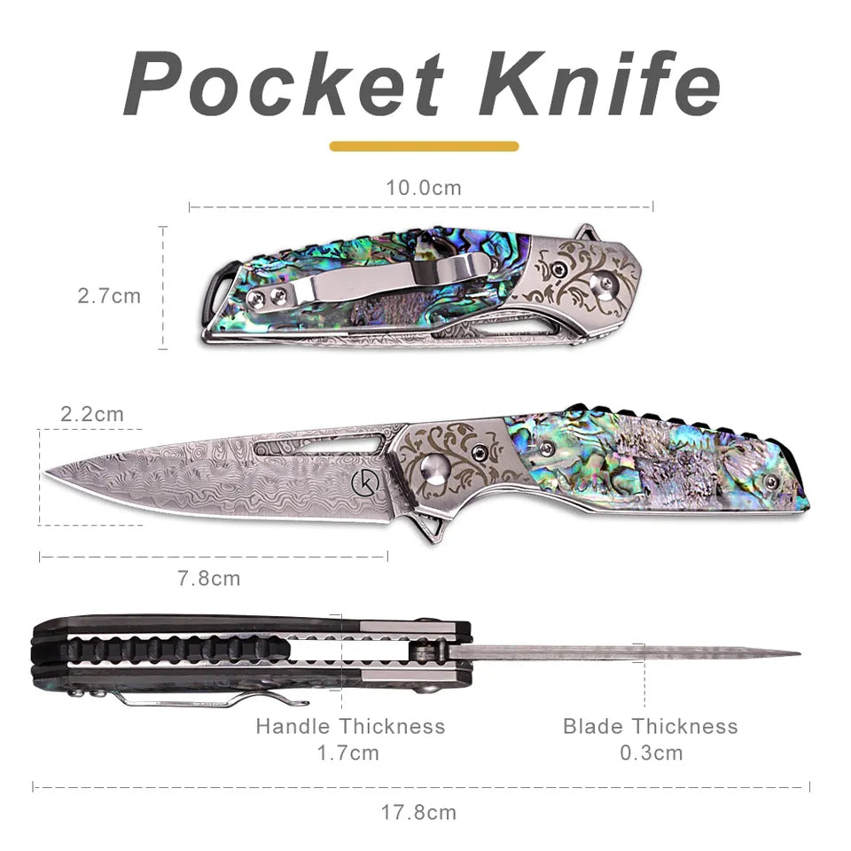 Premium Stainless Damascus Abalone Folder - KK2303