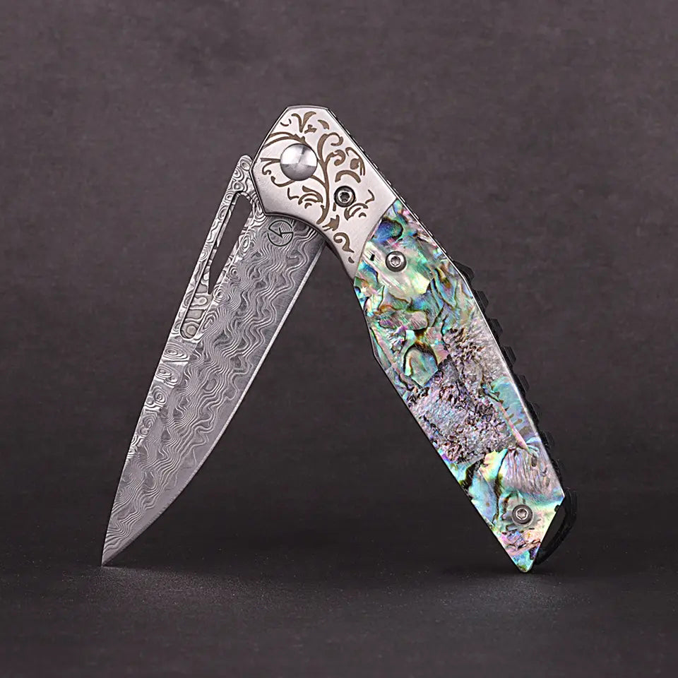 Premium Stainless Damascus Abalone Folder - KK2303