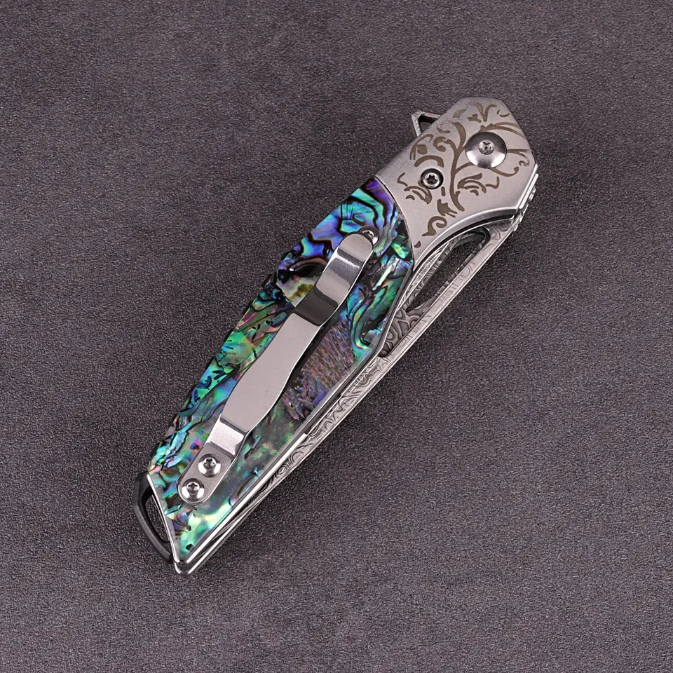 Premium Stainless Damascus Abalone Folder - KK2303