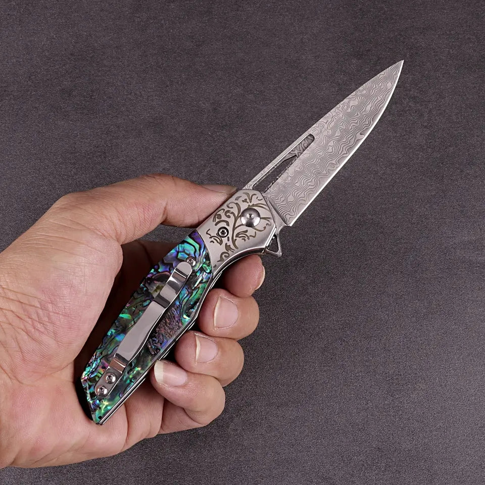 Premium Stainless Damascus Abalone Folder - KK2303