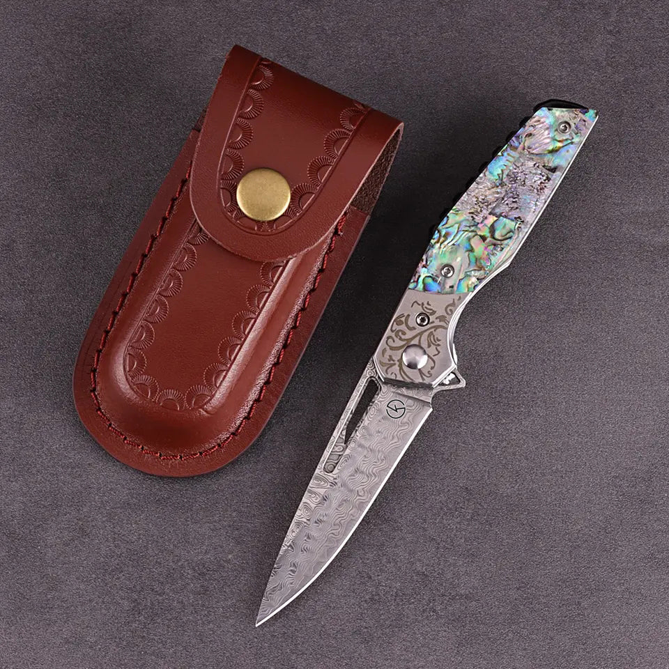 Premium Stainless Damascus Abalone Folder - KK2303