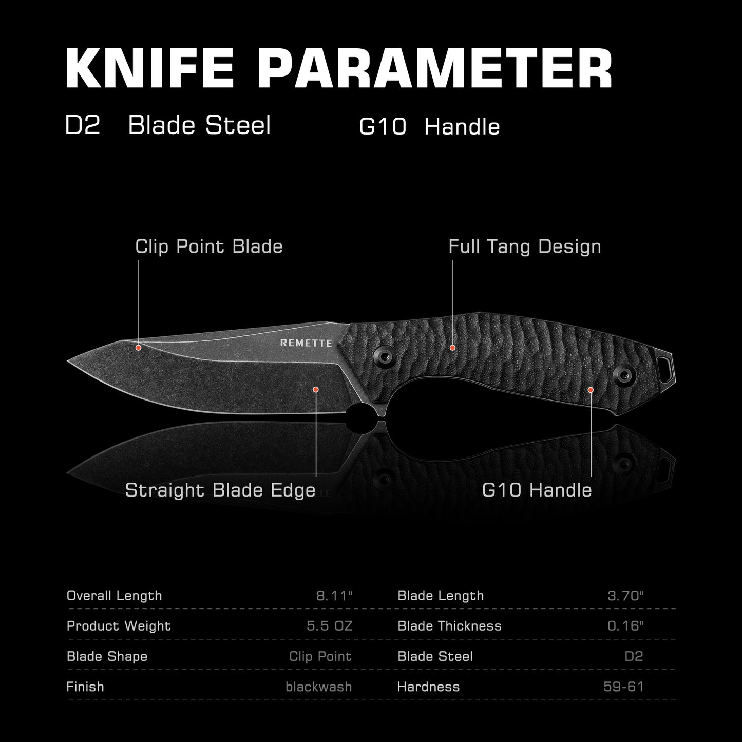 REMETTE RT-Allosaurus Fixed Blade Camping Knife - High-Quality D2 Steel with Durable G10 Handle and Kydex Sheath