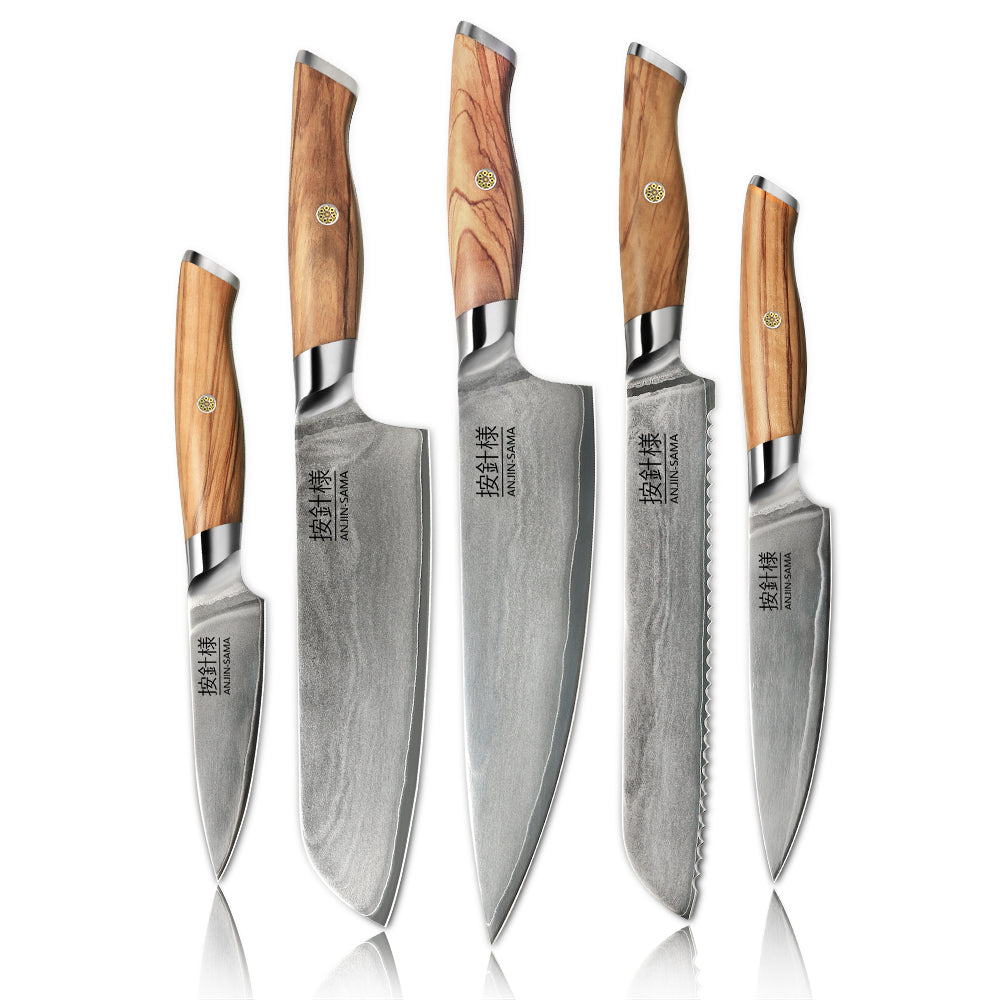 ANJIN-SAMA 5-Piece San Mai 3 Layer Damascus Steel Knife Set