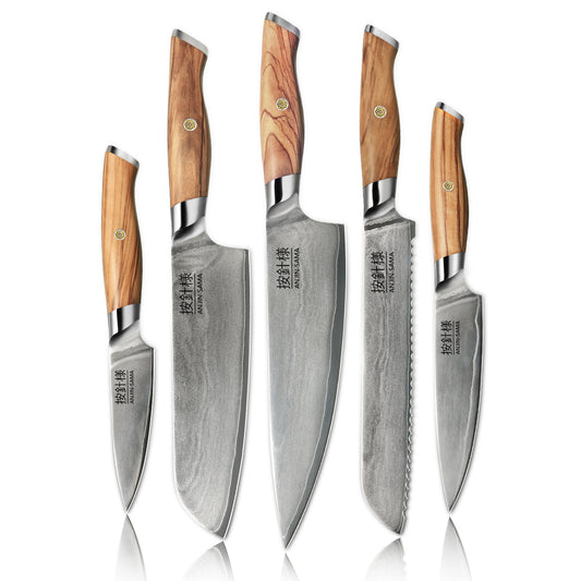 ANJIN-SAMA 5-Piece San Mai 3 Layer Damascus Steel Knife Set