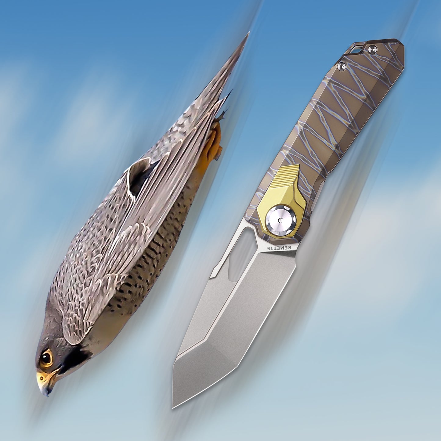 REMETTE RT-Peregrine Falcon Folding Knife - M390 Reverse Tanto with Anodized Titanium Lightning Streak Handle