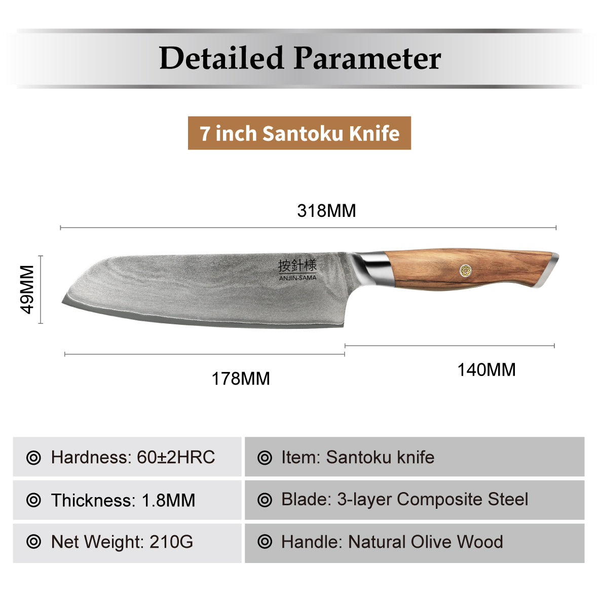 ANJIN-SAMA 5-Piece San Mai 3 Layer Damascus Steel Knife Set