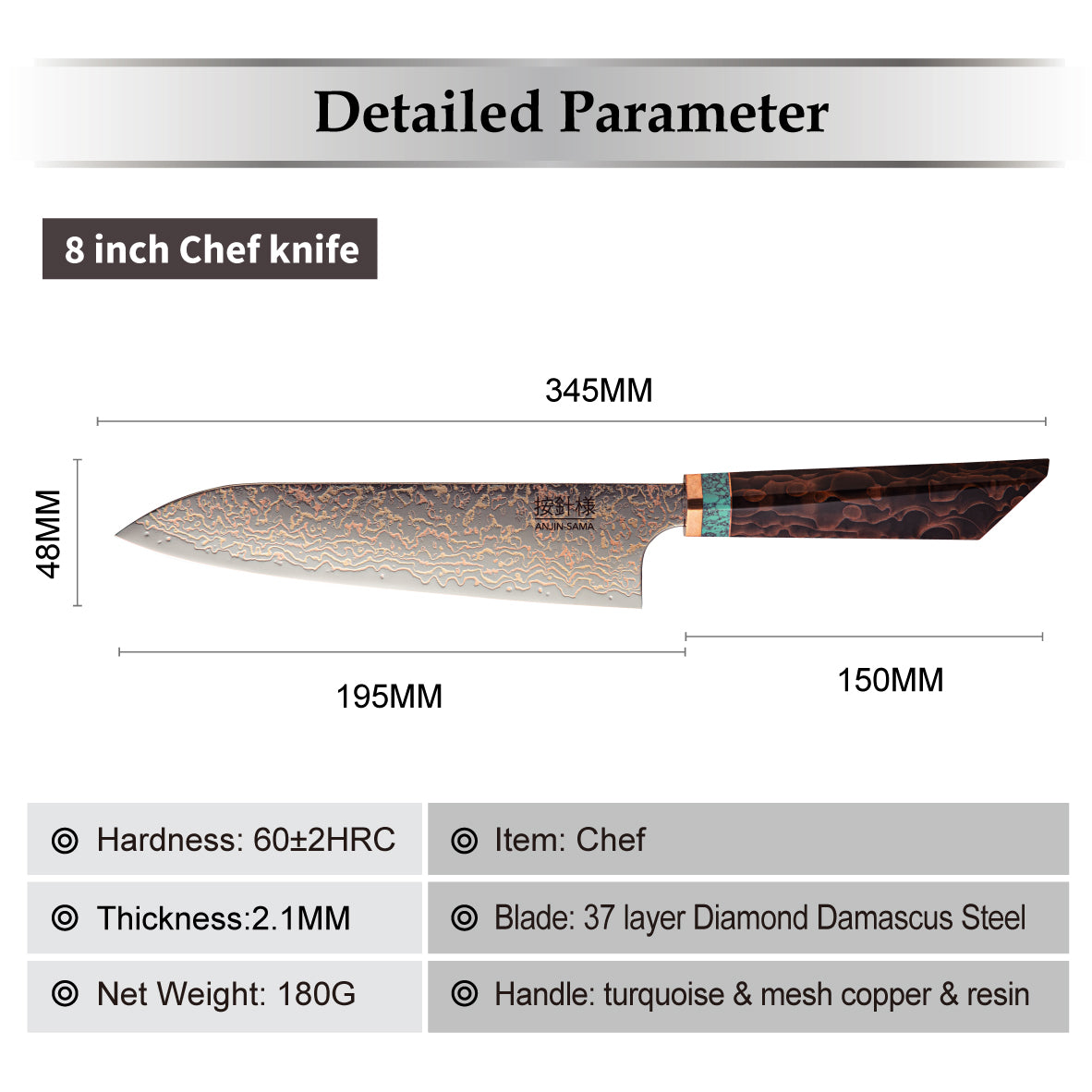 ANJIN-SAMA Ultra-Premium Copper Damascus Gyuto