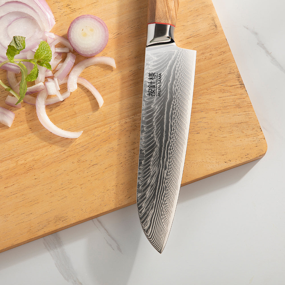 Anjin-Sama Premium AUS10 67-Layer Feather Damascus Chef's Knife - Santuko