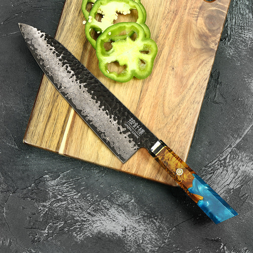 ANJIN-SAMA Gyuto Chef Knife - Kurouchi Hammered Damascus