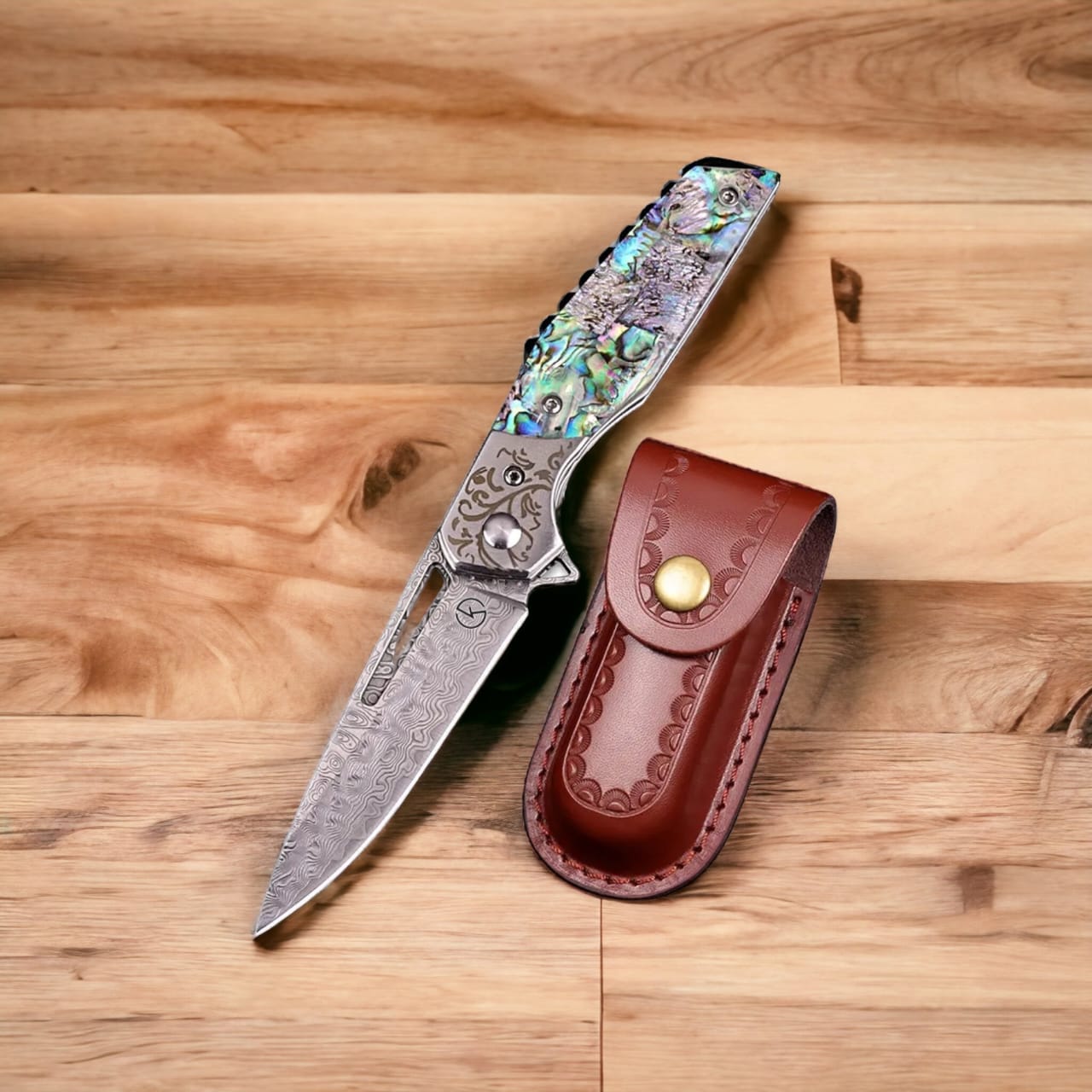 Premium Stainless Damascus Abalone Folder - KK2303