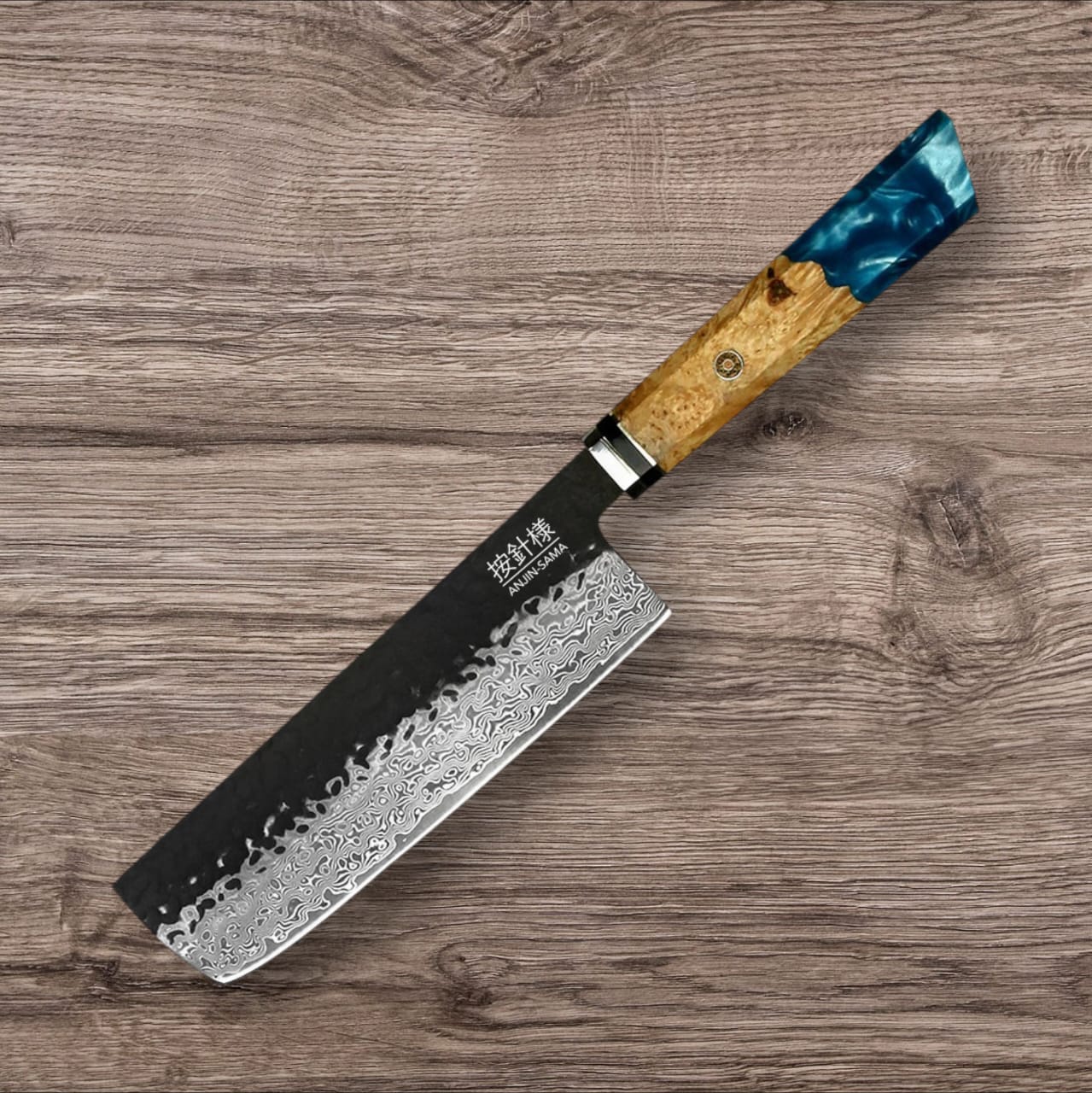 ANJIN-SAMA Nakiri Chef Knife - Kurouchi Hammered Damascus