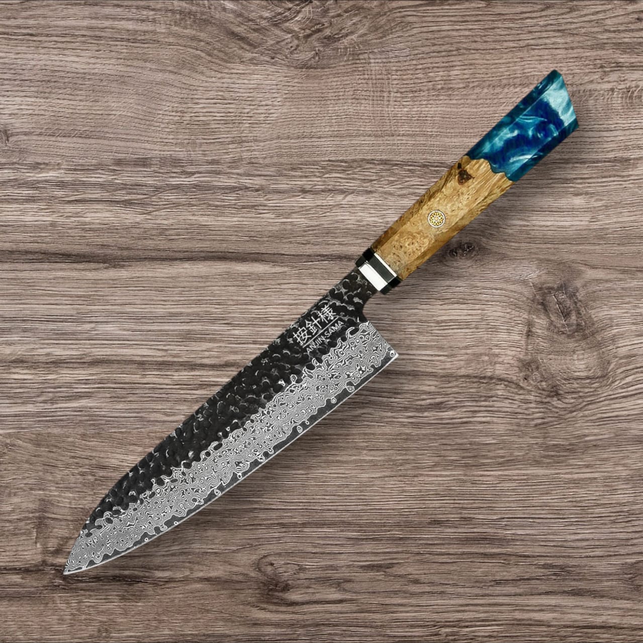 ANJIN-SAMA Gyuto Chef Knife - Kurouchi Hammered Damascus